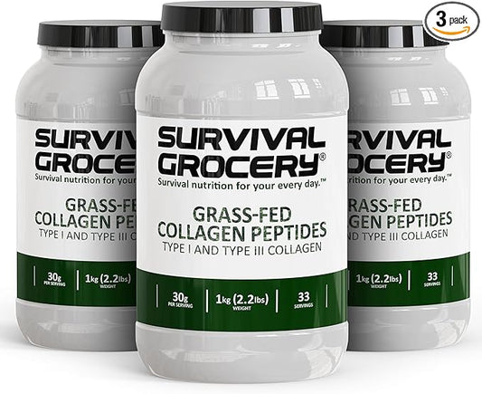 Survival Grocery® Collagen Peptides Powder – Grass Fed Hydrolyzed Collagen Protein Supplement, Types I & III, Unflavored, Gluten Free, Keto Friendly, Non-GMO, Dairy Free, 3kg, 3 Jugs