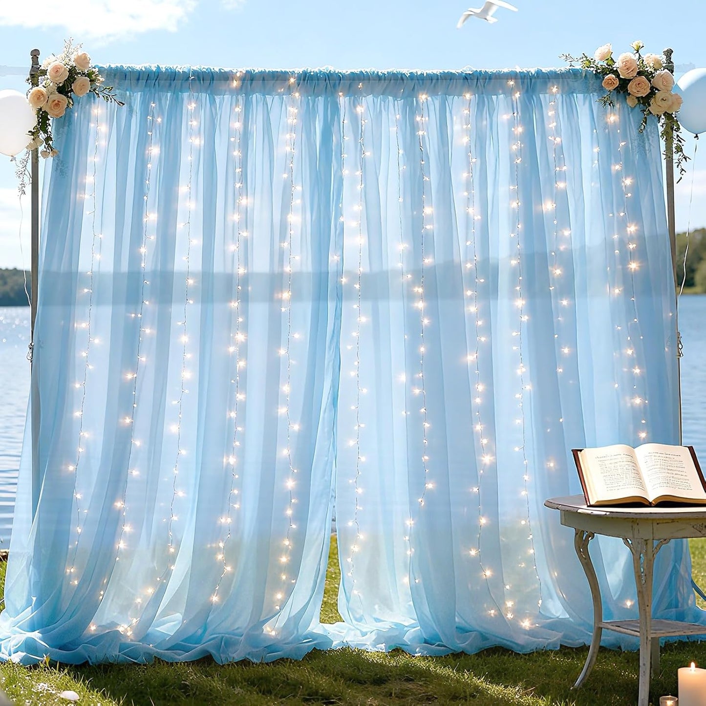 10×10ft Tulle Backdrop Curtains with Lights String - 300LED Fairy Lights Sheer Curtain Backdrop for Weddings Baby Shower and Birthday Party Decorations(6 Panels 5×10ft)