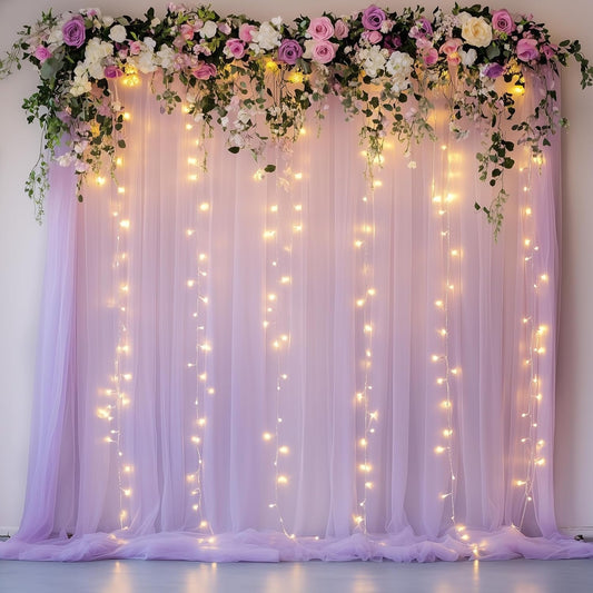 Fomcet Lavender Tulle Backdrop Curtains with Lights String 10FT X 8FT Sheer Curtain with Lights Tulle Curtains Backdrop for Wedding Birthday Party Photo Shoot (2 Panels 5x8FT)
