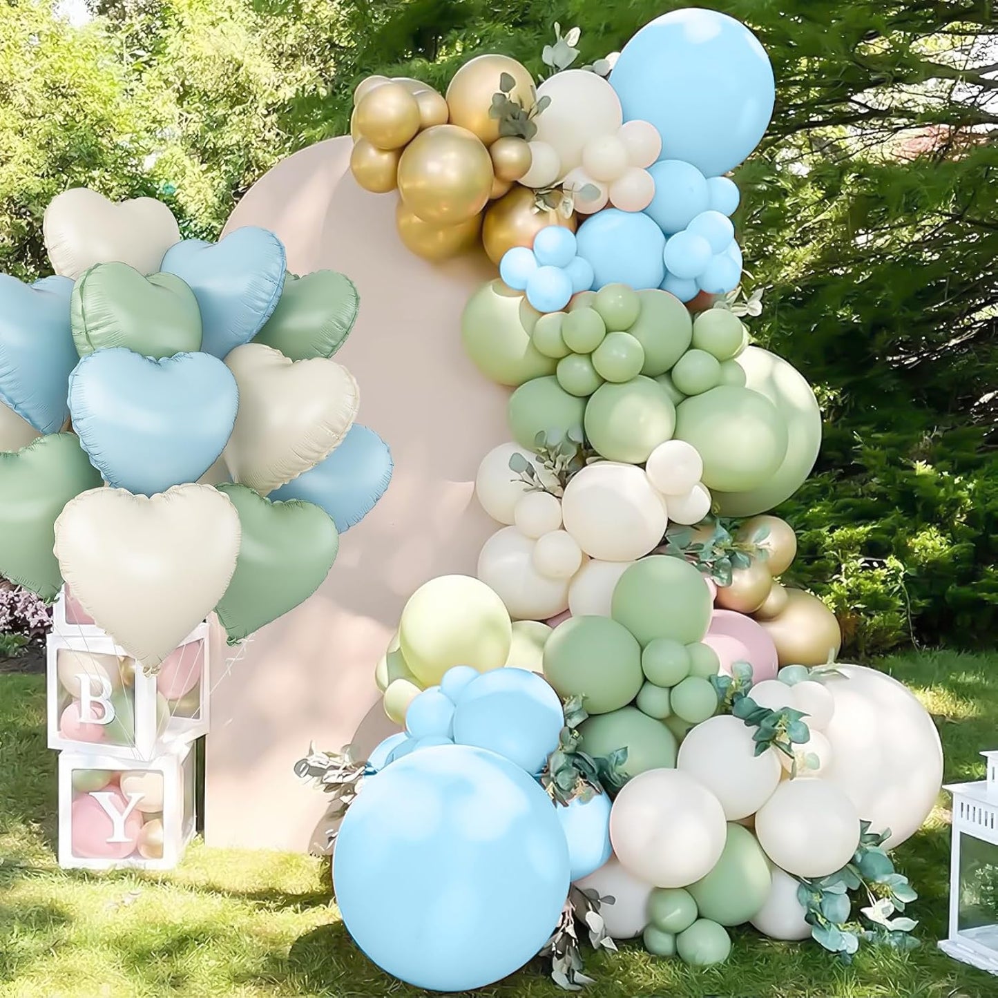 Blue Green White Heart Balloons,12Pcs 18Inch Cream White Baby Blue Sage Green Heart Shaped Foil Helium Balloons for Baby Shower Birthday Anniversary Wedding Engagement Party Decorations