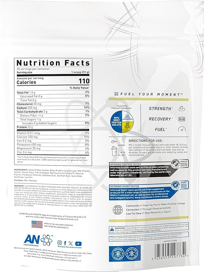 AN Performance Whey Protein Powder | Chiquita Banana Peanut Butter | 23g Protein, 1g Sugar, 100% Whey | Gluten-Free, Low Carb, Low Fat | Keto Friendly | Essential Amino Acids for Muscles | 25 Servings