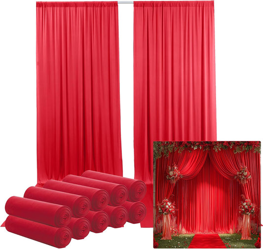 50ftx12ft Wrinkle Free Red Backdrop Curtain, 10 Panels 12FT Height Red Wedding Backdrop Drapes, Silky Polyester Back Drop Cloth for Birthday Photography Background Party Backdrop Draping