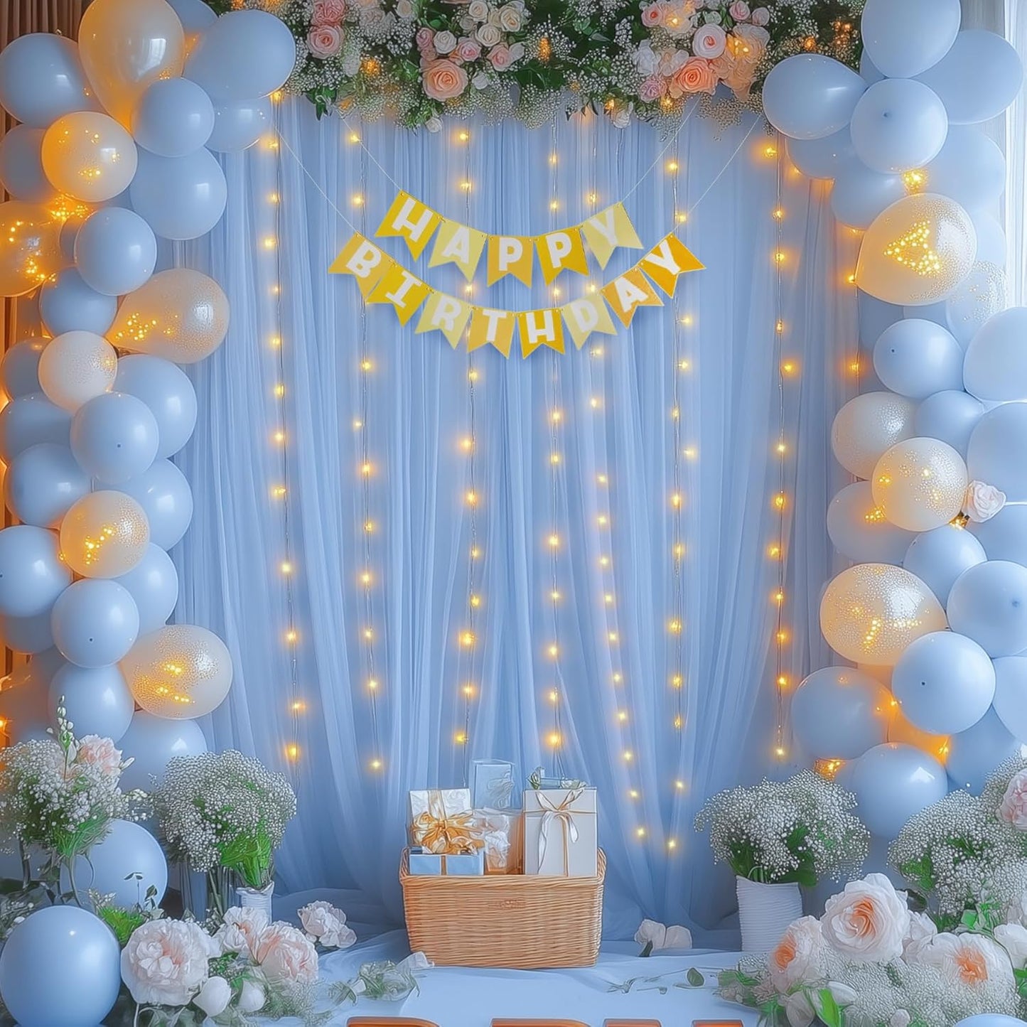 20x8ft Baby Blue Tulle Backdrop Curtains with Lights for Party Wedding Baby Shower, Sheer Drape Backdrop Curtains for Birthday Party Photo Booth Background Decoration