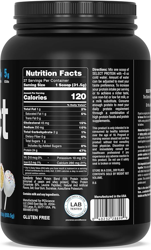 PEScience Select Protein Powder, Whey and Casein Blend, Clean Protein Powder for Women and Men, Low Calorie, Low Carb, Keto Friendly, Gluten Free, Cake Pop, 27 Servings