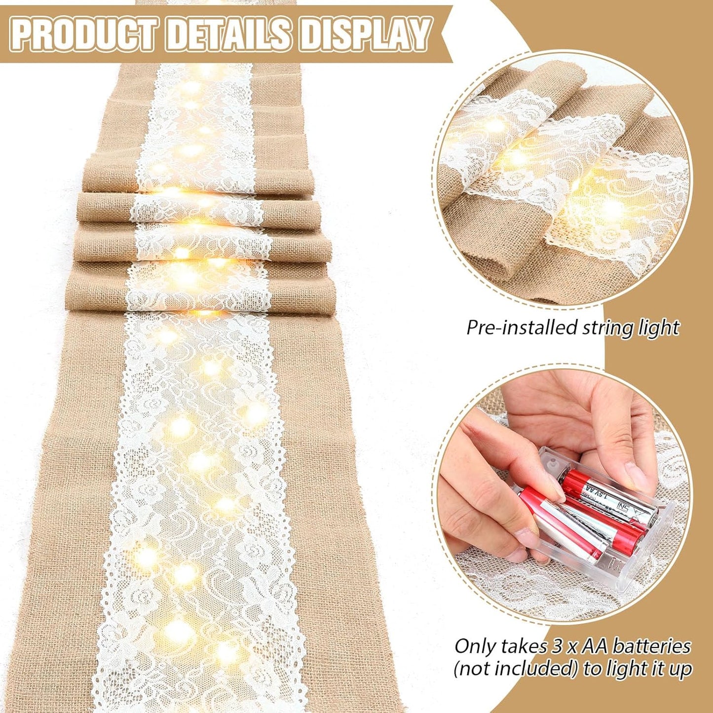 Xinnun 6 Pcs Burlap Table Runner with Lights 12 x 108 Inches Burlap Lace Table Runner Rustic Wedding Decorations Home Party (Flower)