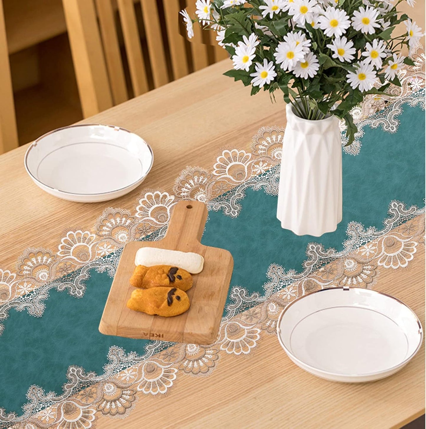 Vintage Lace Dining Table Runner, 108 Inches Macrame Coffee Table Runners for Kitchen Home Christmas Party Decorations (16x108 inch,Cyan)