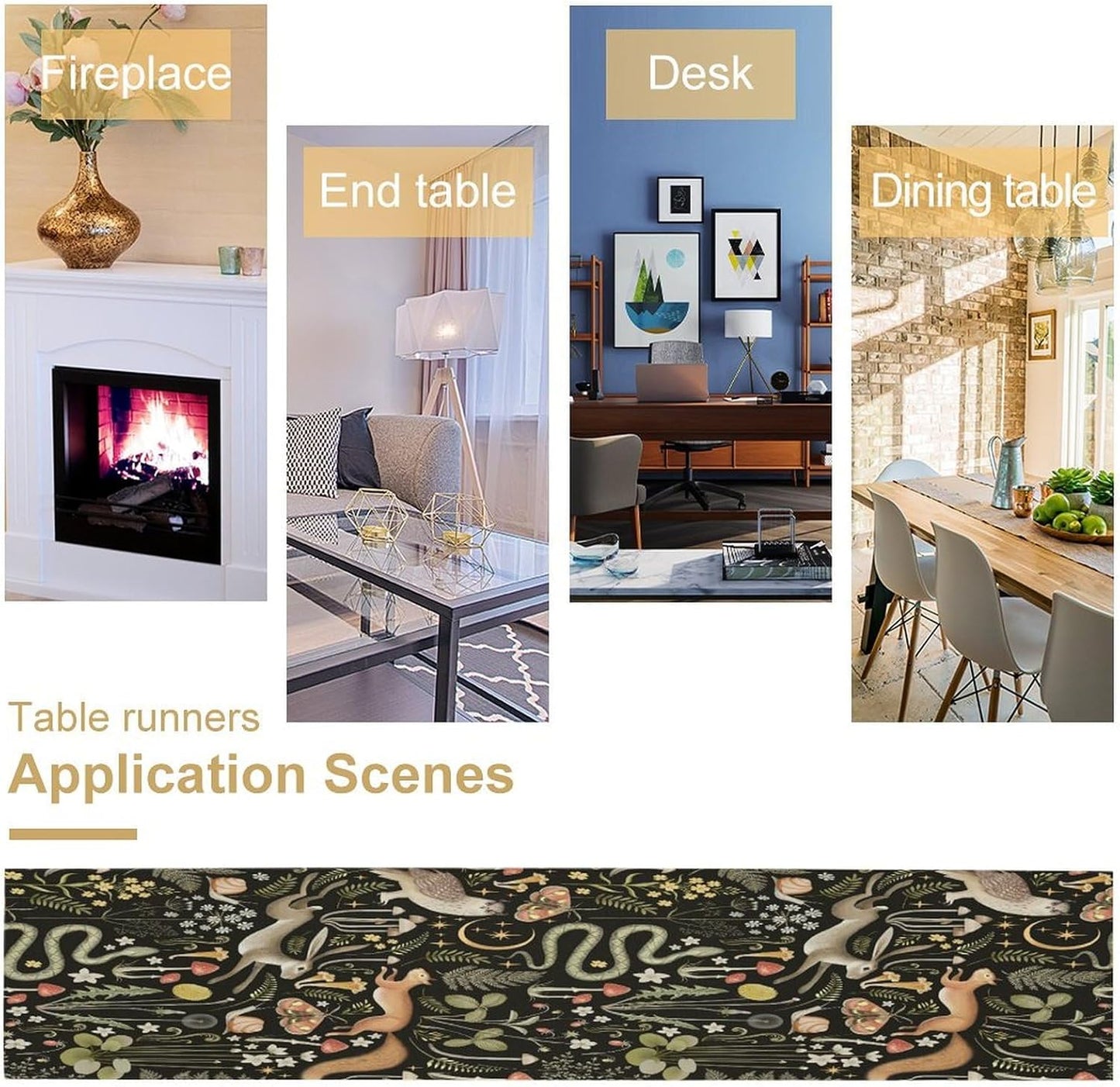 Mushroom Table Runner,Vintage Boho Forest Wild Animal Wildflower Botanical Plants Pattern Print Burlap Hotel Indoors Outdoor Dining Room Kitchen Holiday Party, 13x36in