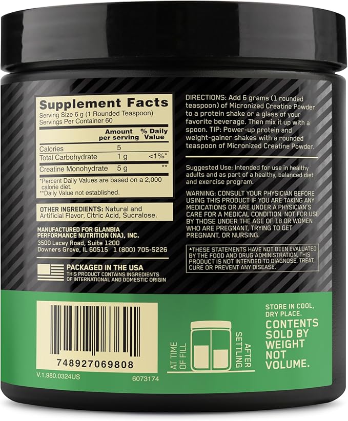 Optimum Nutrition Micronized Creatine Monohydrate Powder, Blueberry Lemonade Creatine, 60 Servings, 360 Grams (Packaging May Vary)