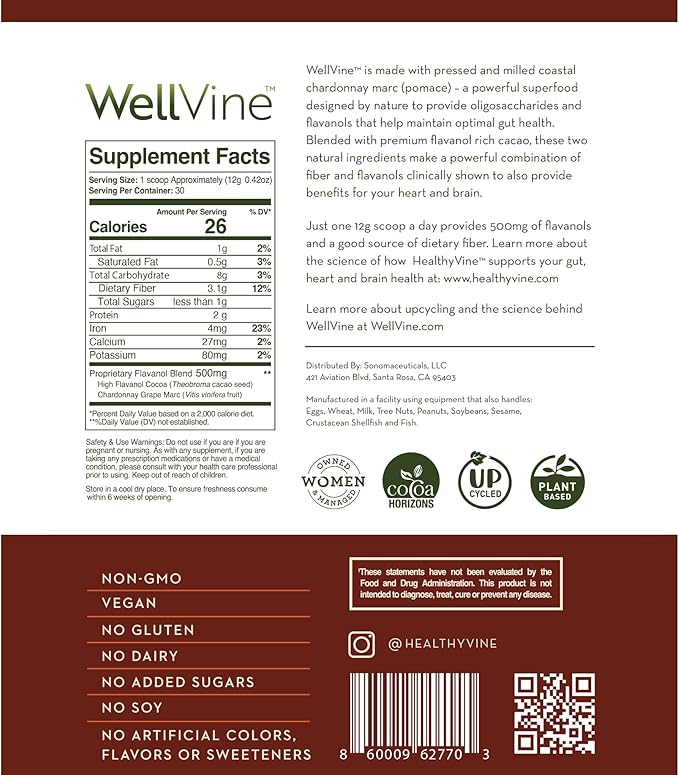 Nutrition Boosting Blend Supplement Powder for Brain, Gut & Heart Health | 100% Upcycled Chardonnay Grapes with Cocoa Flavanols| Plant-Based, Gluten and Allergen-Free for Men & Women | 12.7Oz