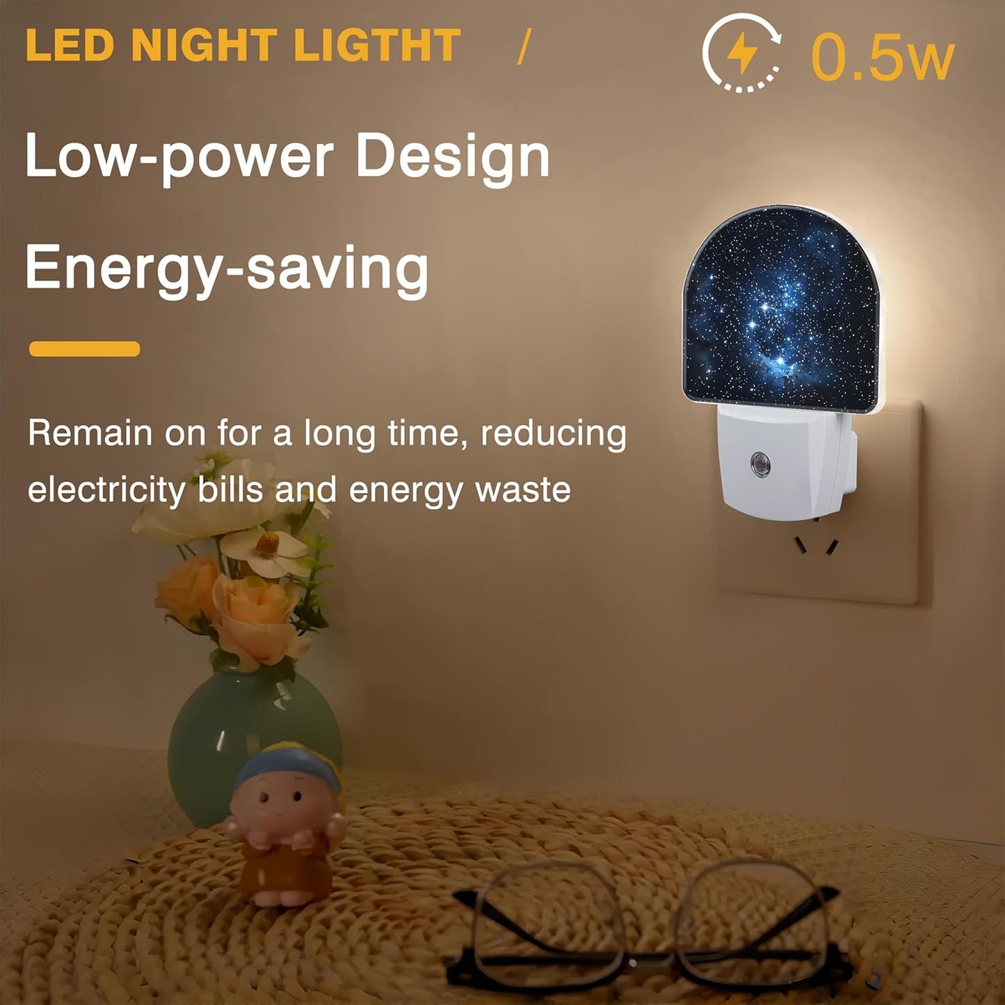 Night Light, Blue Night Sky with Stars Night Lights Plug into Wall Dusk to Dawn Sensor Round Nightlight for Women Men Energy Efficient Led Lamp 0.5W for Stairway Hallway Bedroom