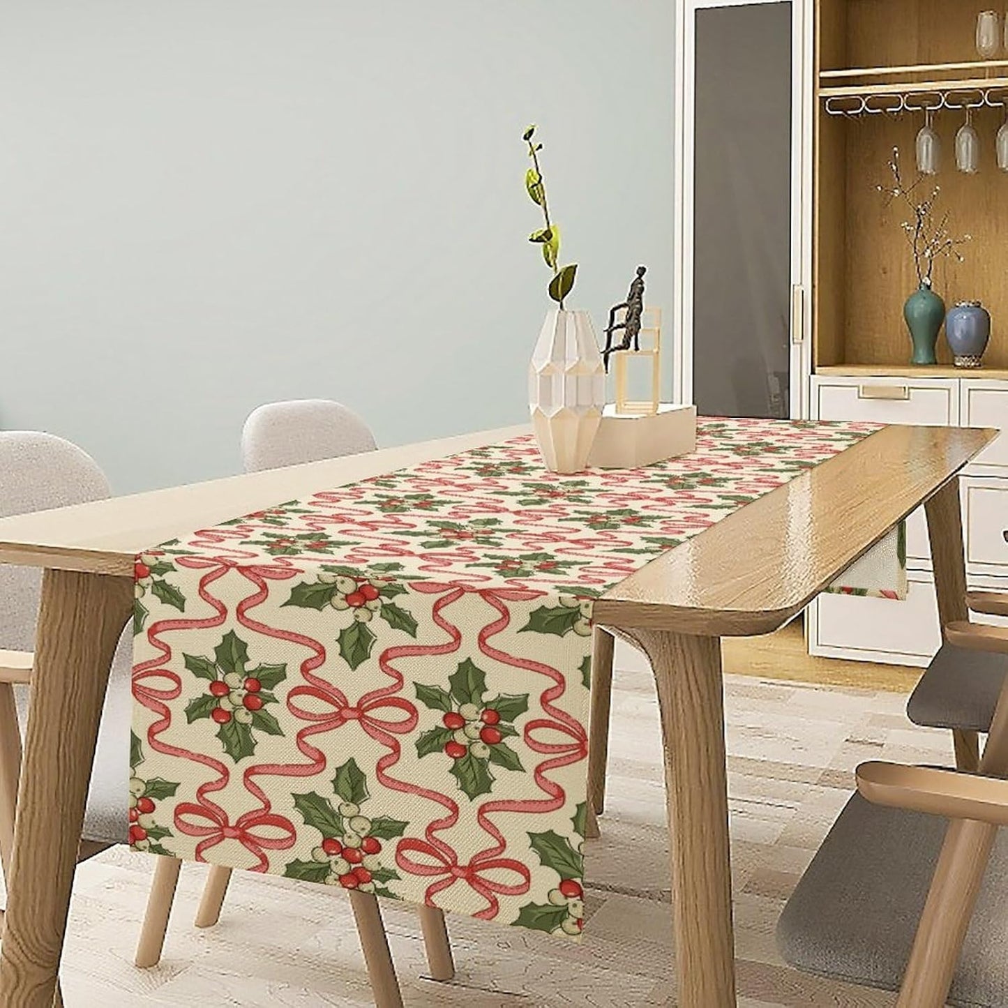 Christmas Table Runner,Xmas Holiday Bowknot Decor Table Cloth Kitchen Dining Table Decoration for Home Party Decor 13x70 Inch