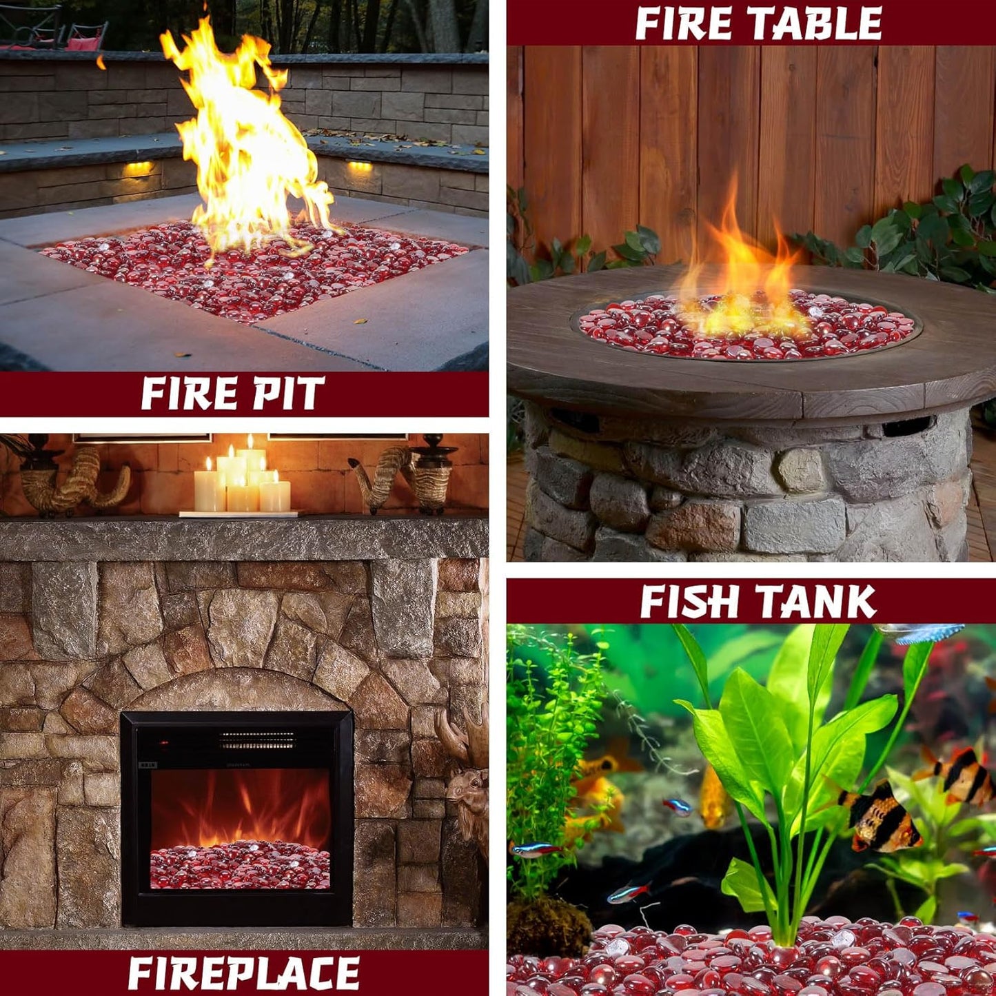 Fire Pit Glass Beads, Red Luster Reflective Tempered Glass Rocks for Natural, Propane or Gas Fireplace, Fire Pit Table, Marbles for Vase, Landscaping, Home Decor, 10lb