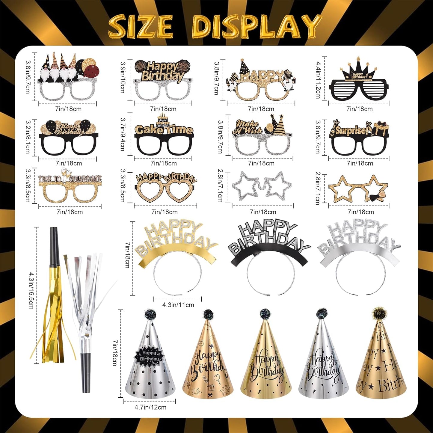 36 Pcs Black Golden Birthday Party Hats Set Includes 6 Party Cone Hats 6 Birthday Headband 12 Paper Glasses 12 Noise Makers Party Favors for Baby Shower Photo Booth Props