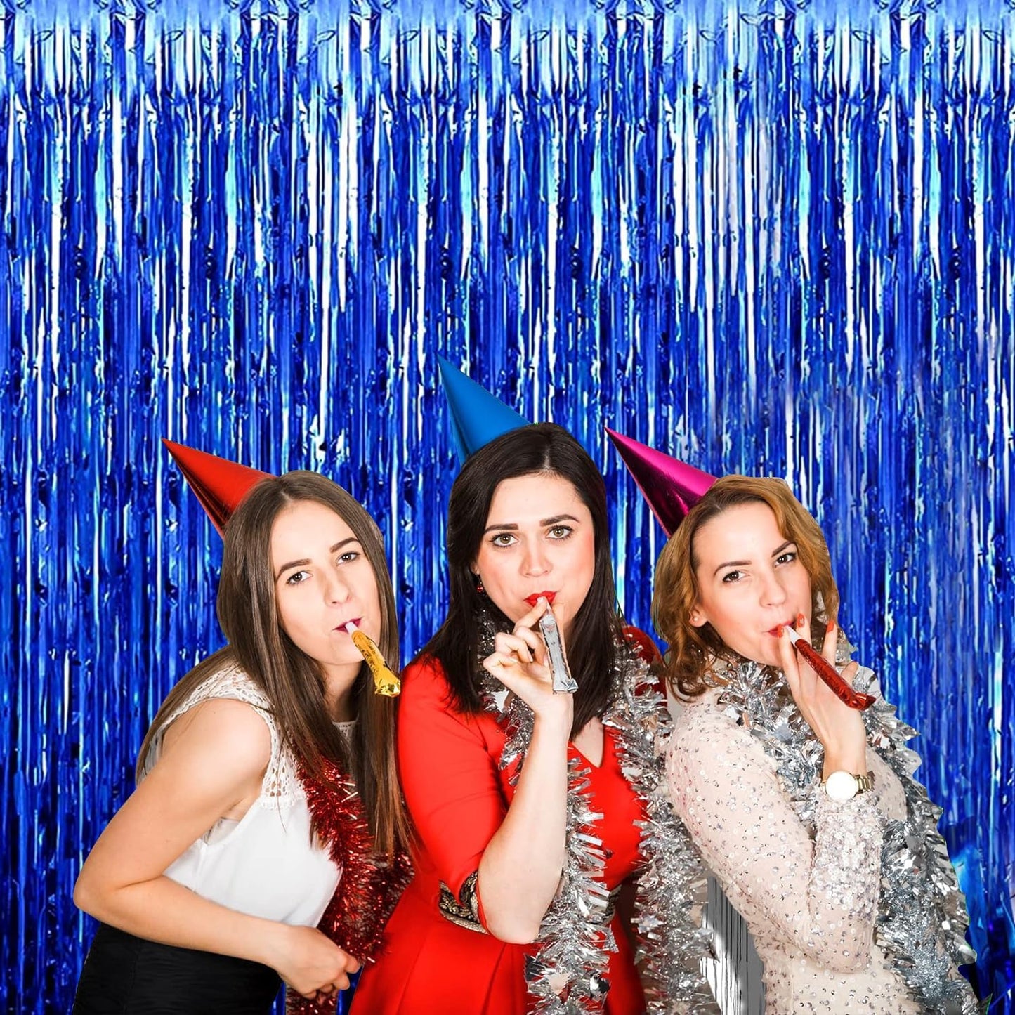 4P Metallic Foil Fringe Tinsel Table Skirts for Rectangle Tables Backdrop Banner Tinsel Streamer Garland Curtains for Parade Floats Wedding Graduation Anniversary Birthday Parties Decoration (Blue)