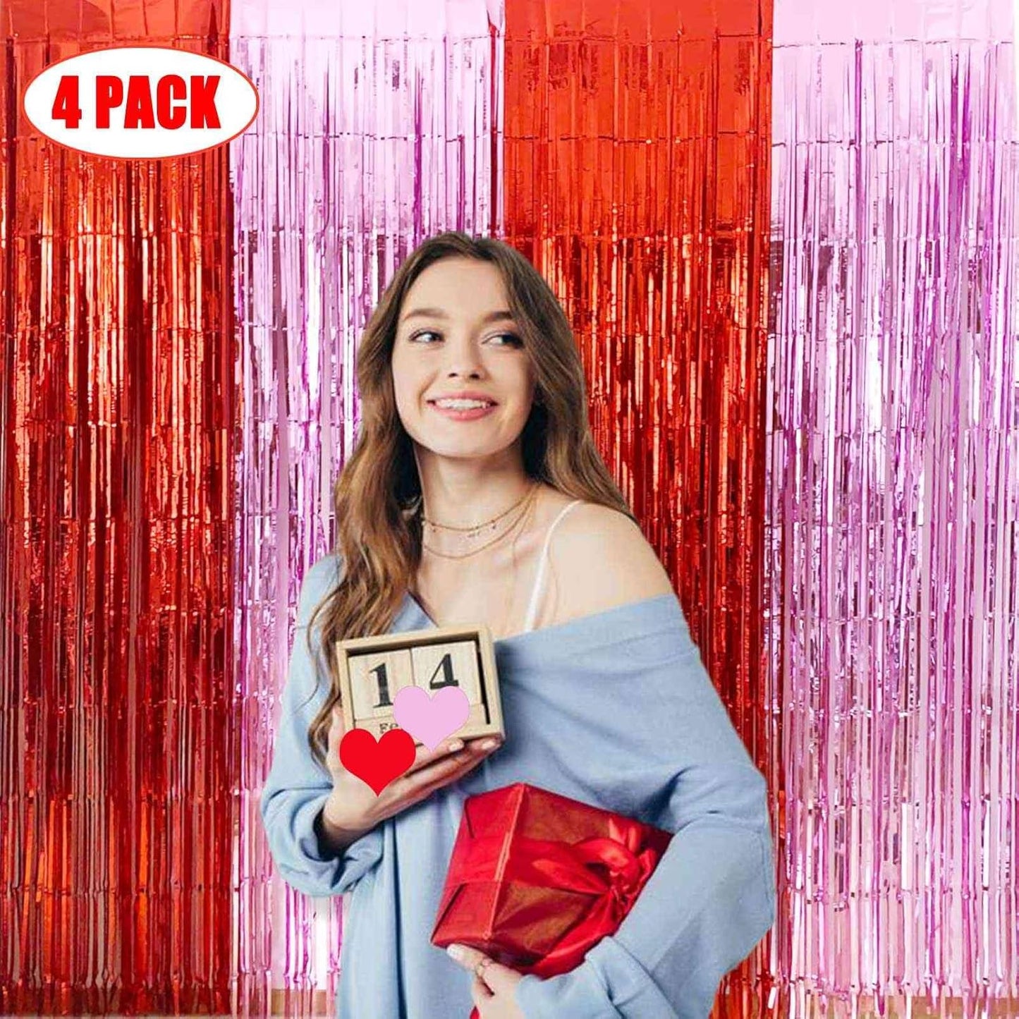 Valentines Backdrop Decorations - 4 Pack of 3.2x8.2ft Red Pink Foil Fringe Curtains Streamers Backdrop for Birthday Valentines Decor