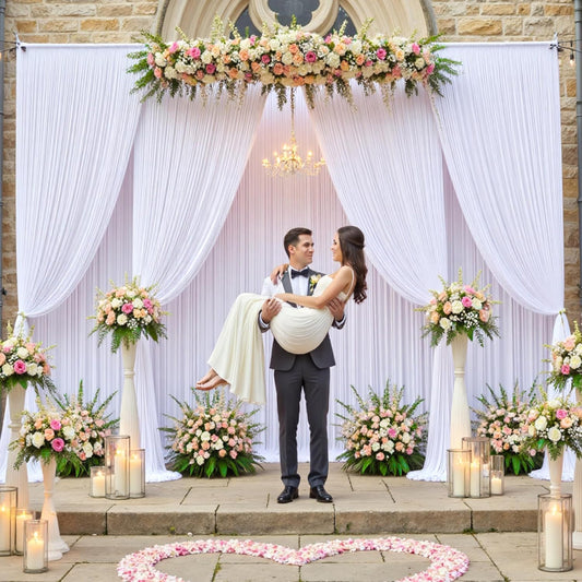 20×12ft White Wrinkle Free Backdrop Curtain for Wedding Parties, 4 Panels 5×12 ft Long Soft Silky Washable Polyester Photo Backdrop Drapes for Birthday Baby Shower Photography Background Cloth