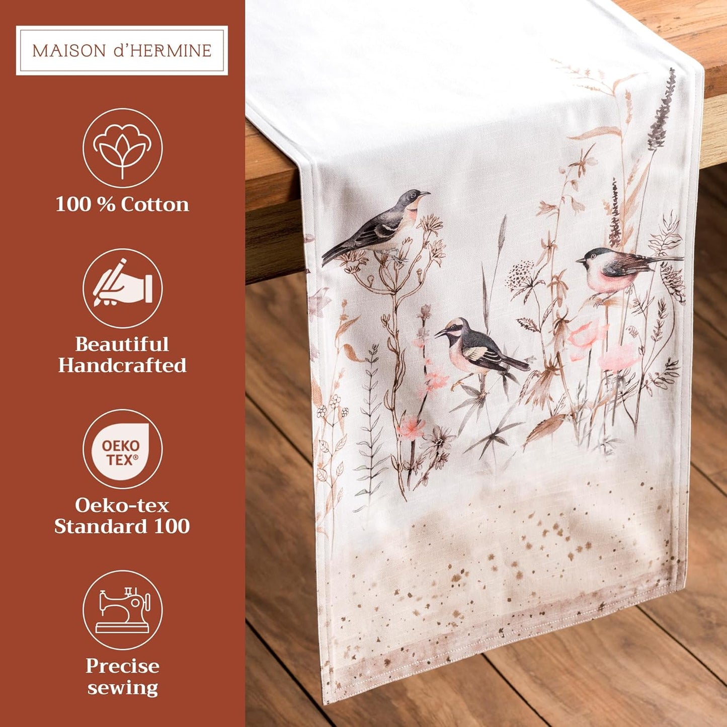 Maison d' Hermine Table runner 100% Cotton Double Layer Table Runners 72 inches long Decorative for Home Kitchen Dining Party Wedding Bridal Shower Spring Summer (Meadow Florals - Brown, 14.50" x 72")