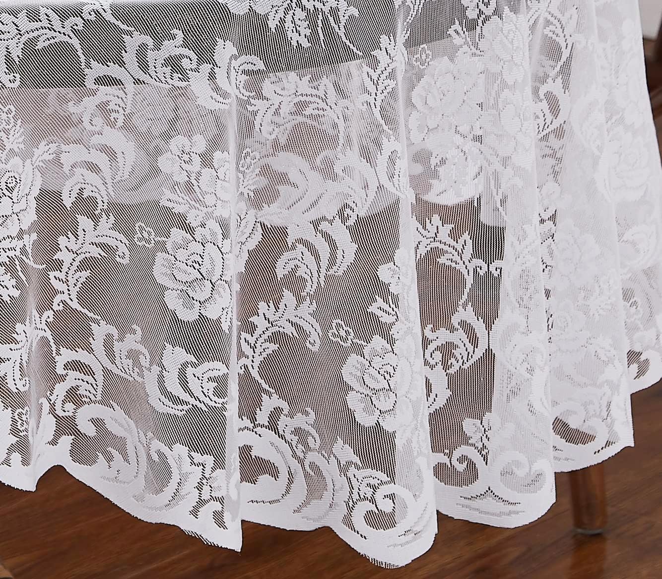 LinenZone White Round Tablecloth for Rustic Vintage Decor. Sheer Lace Tablecloth Works Great As Wedding, Thanksgiving or Christmas Decor. (Mia 90 Round, White)