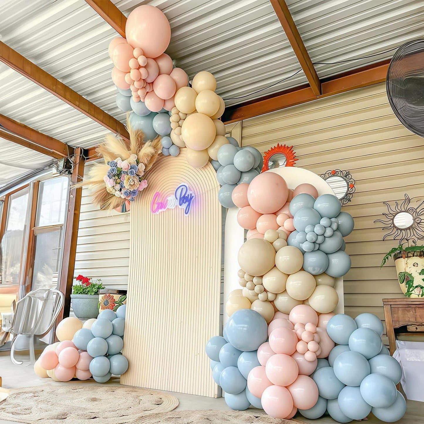 Gender Reveal Balloon Arch Kit 115Pcs Dusty Blue Blush Balloons Garland Boho Retro Peach Cream Orange Ivory White Sand Birthday Party Balloons for Boys or Girls Baptism Baby Bridal Shower Decorations