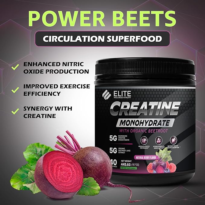 Elite Wellness Berry Flavor Creatine Monohydrate with Organic Beetroot Supplement - Supports Muscle Strength, Stamina, Cognitive Function & Athletic Performance, Gluten & Dairy Free, NSF Qualified