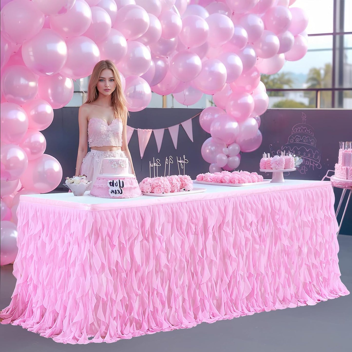 Partisky Pink Tulle Curly Willow Table Skirt for Rectangle Table 9ft, Ruffle Tutu Table Cloth for Girls Baby Shower,Birthday Party Candy Cake Tables