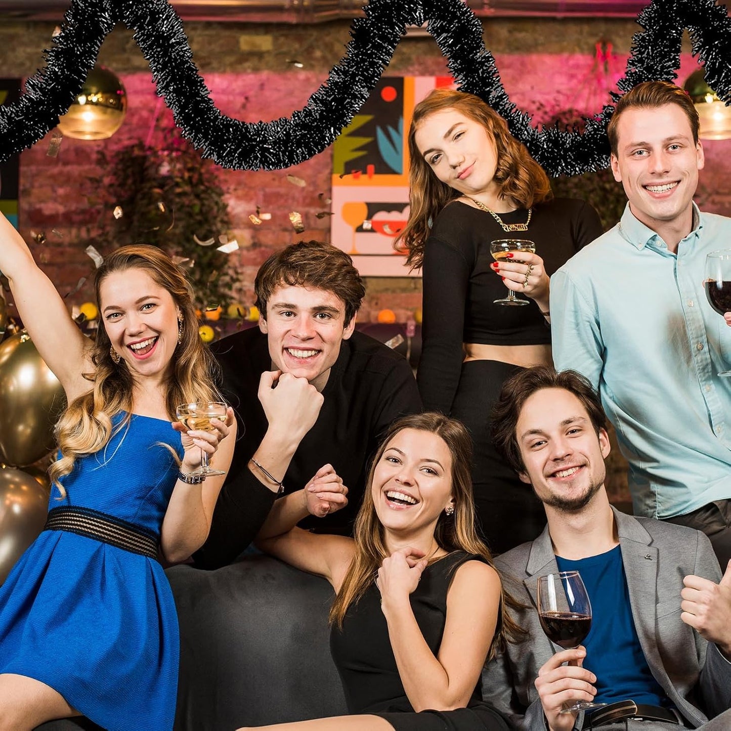 25 Feet Black Christmas Tinsel Garland, Metallic Foil Twist Banner Wall Hanging Tinsel Streamers Backdrop for Parade Floats, Christmas, Mother's Day, Birthday Party Decorations(4in x 25ft)