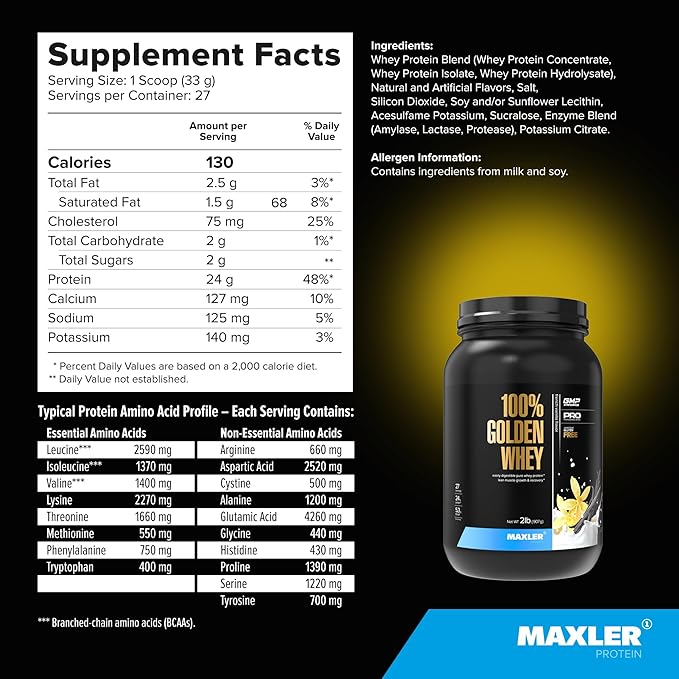 Maxler 100% Golden Whey Protein - 24g of Protein per Serving - Premium Whey Protein Powder for Pre Post Workout - Fast-Absorbing Whey Concentrate Isolate Hydrolysate Blend - French Vanilla Protein 2lb