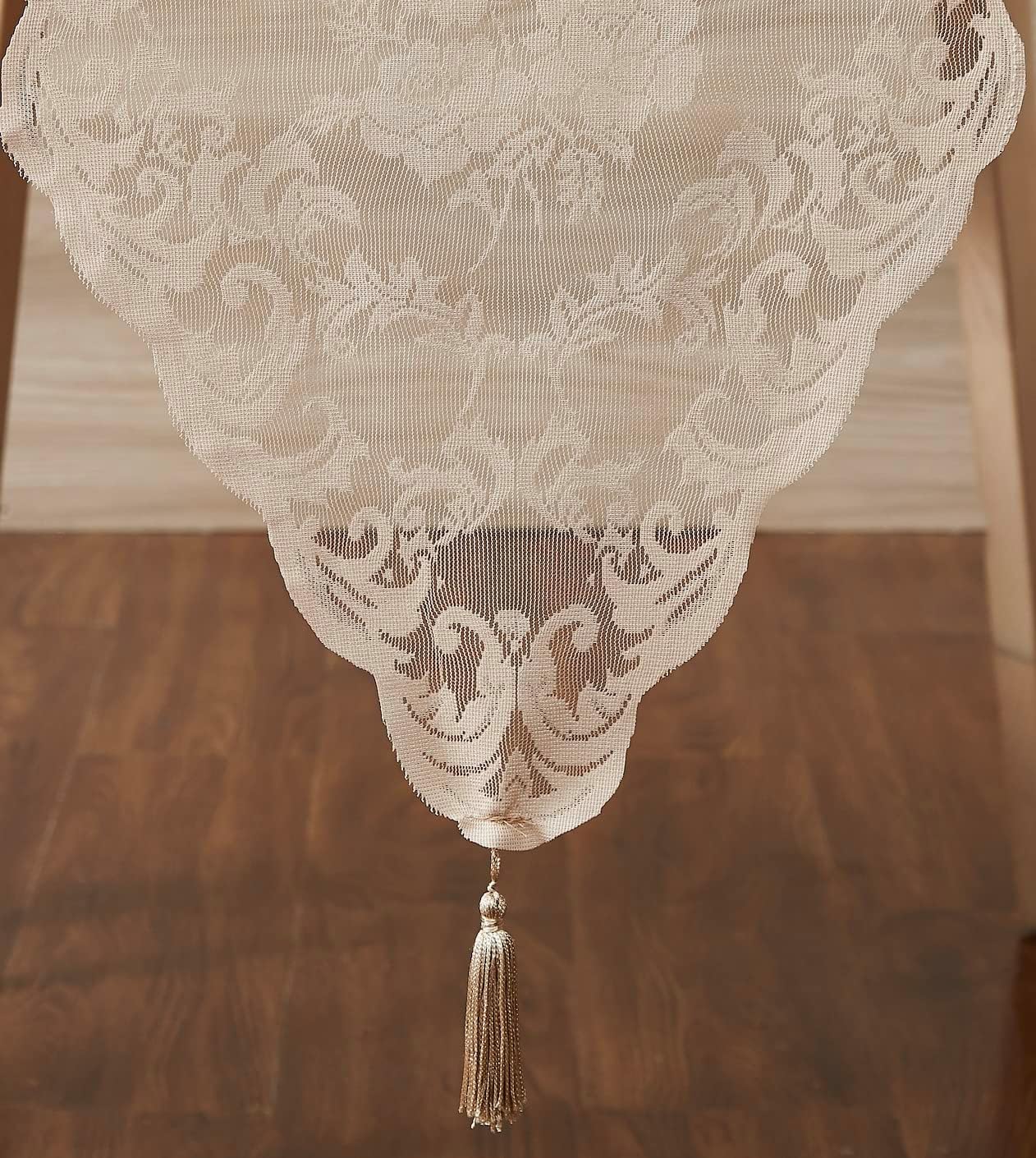 LinenZone Linen Table Runner with 2 Tassels for Rustic Vintage Decor. Lace Table Runner Works Great As Wedding, Thanksgiving, Christmas Decor (Mia 14 x 36, Linen)