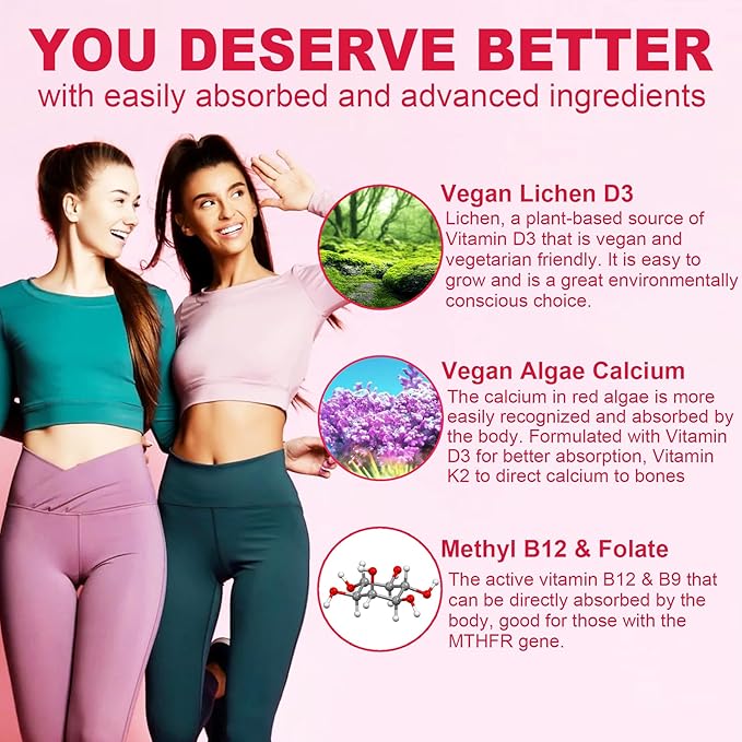 Methylated Multivitamin for Women Gummies, Calcium, D3 K2, Methylfolate & B12, Inositol, Daily Vitamin A, C, E, B Complex, Biotin, Iron - Energy, Immune, Bone, Skin Hair - Vegan, Sugar Free, 60 Count