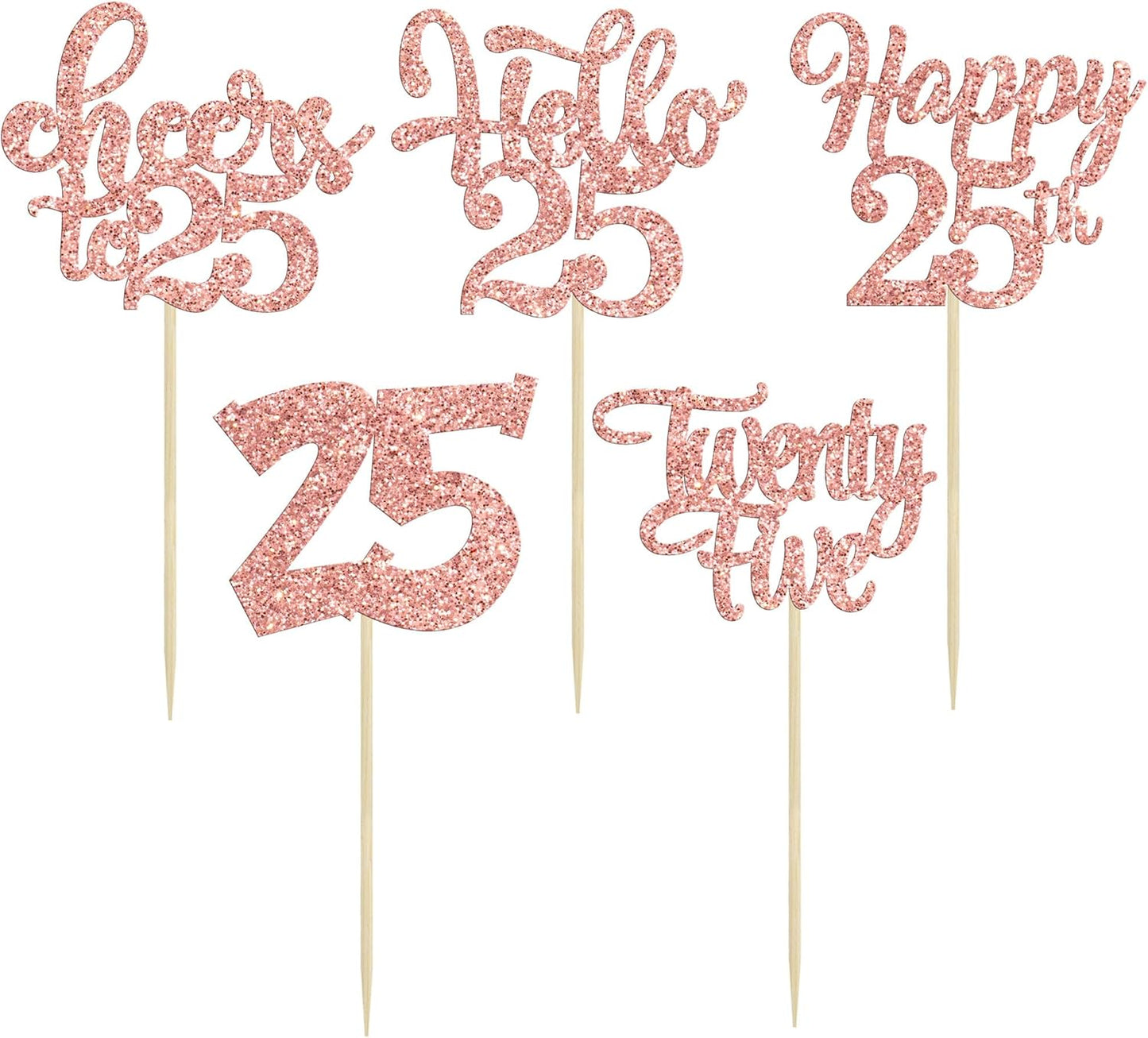 30pcs 25th Birthday Cupcake Toppers - 25th Anniversary Cake Decorations - Rose Gold Glitter
