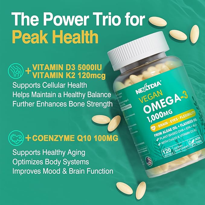 Vegan Omega 3 DHA EPA ALA Supplement with 5000IU Vitamin D3 K2 (MK7), CoQ10 for Women Men | Fish Oil Alternative | Plant Based Algae Oil Omega 3 1000mg Pills for Bone, Brain, Eye, Skin | 120 Softgels