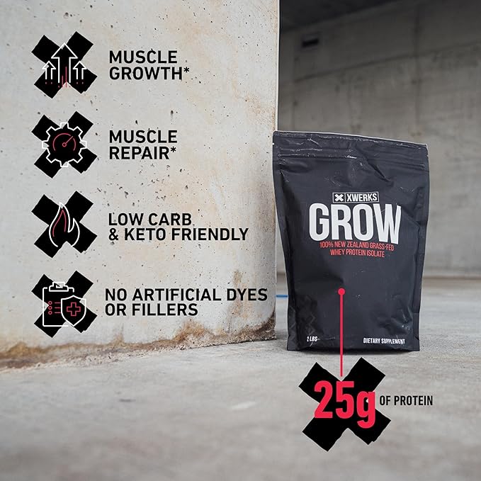 Xwerks Grow 100% New Zealand Grass Fed Whey Protein, 25g Pure Isolate Protein Powder Per Serving, All Natural Paleo and Keto Friendly, Soy Free Gluten Free Easy to Digest, Chocolate, 30 Servings