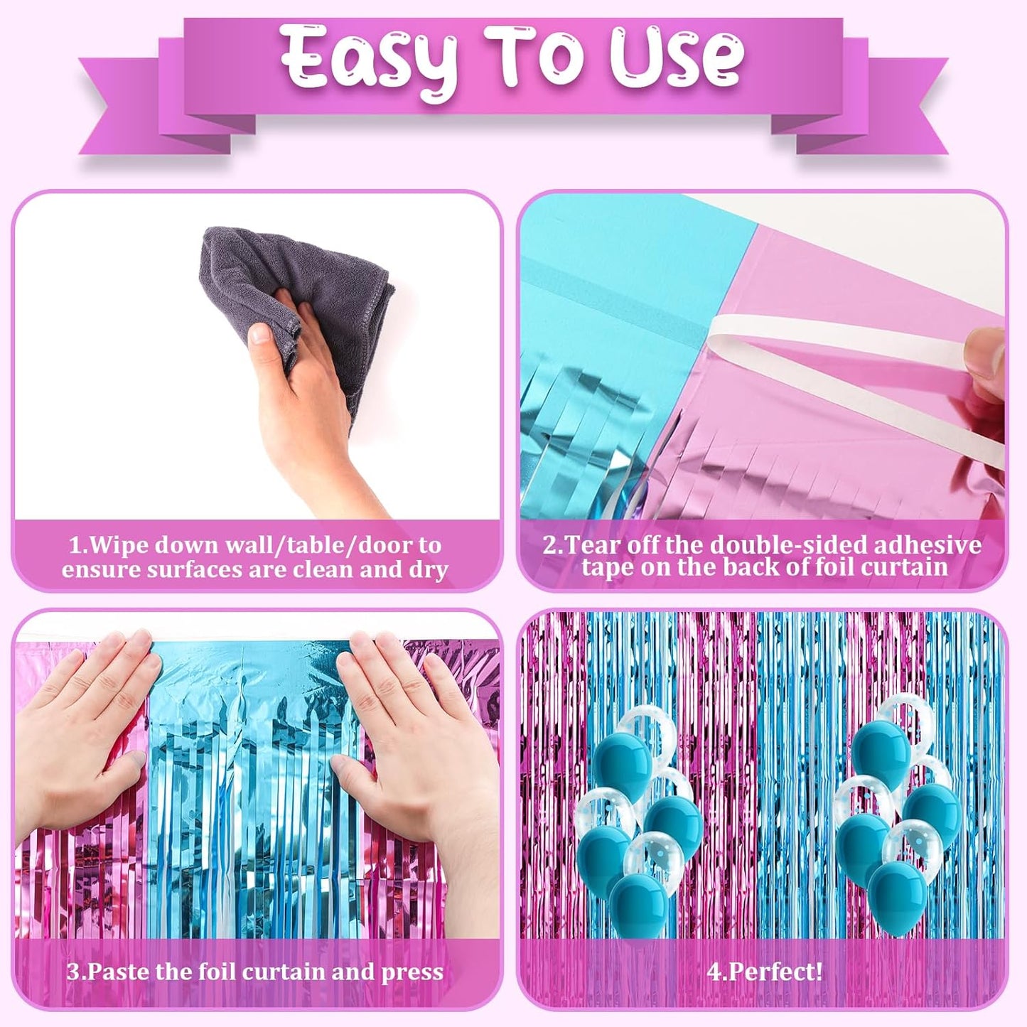 2 Pack 3.3x8.2 Feet Blue and Pink Foil Fringe Backdrop Curtains, Tinsel Streamers Birthday Party Decorations, Fringe Backdrop for Graduation, Baby Shower, Gender Reveal, Disco Party