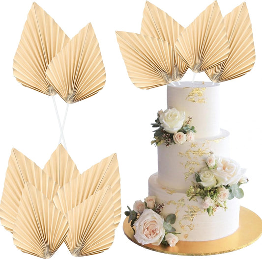 Ephlyn 6Pcs Paper Palm Fan Cake Topper Palm Spear Leaves Fan Cake Pick for DIY Craft Project Bridal Shower Wedding Bridal Shower Birthday Anniversary Party Cake Decorations Khaki