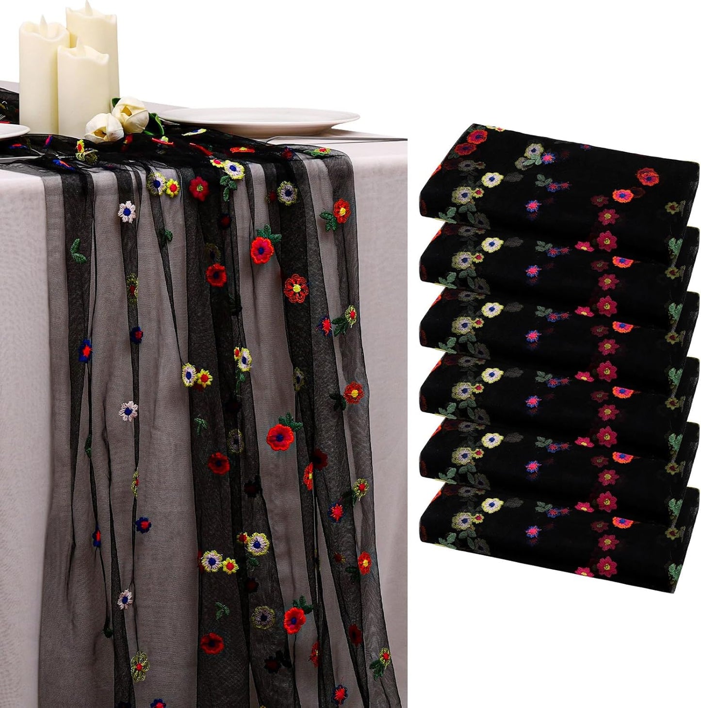 BINBE 6pcs Black Daisy Fall Table Runner Embroidery Gauze 10FT Florals Seasonal Tulle Holiday Birthday Kitchen Dining Table Decor for Home Party