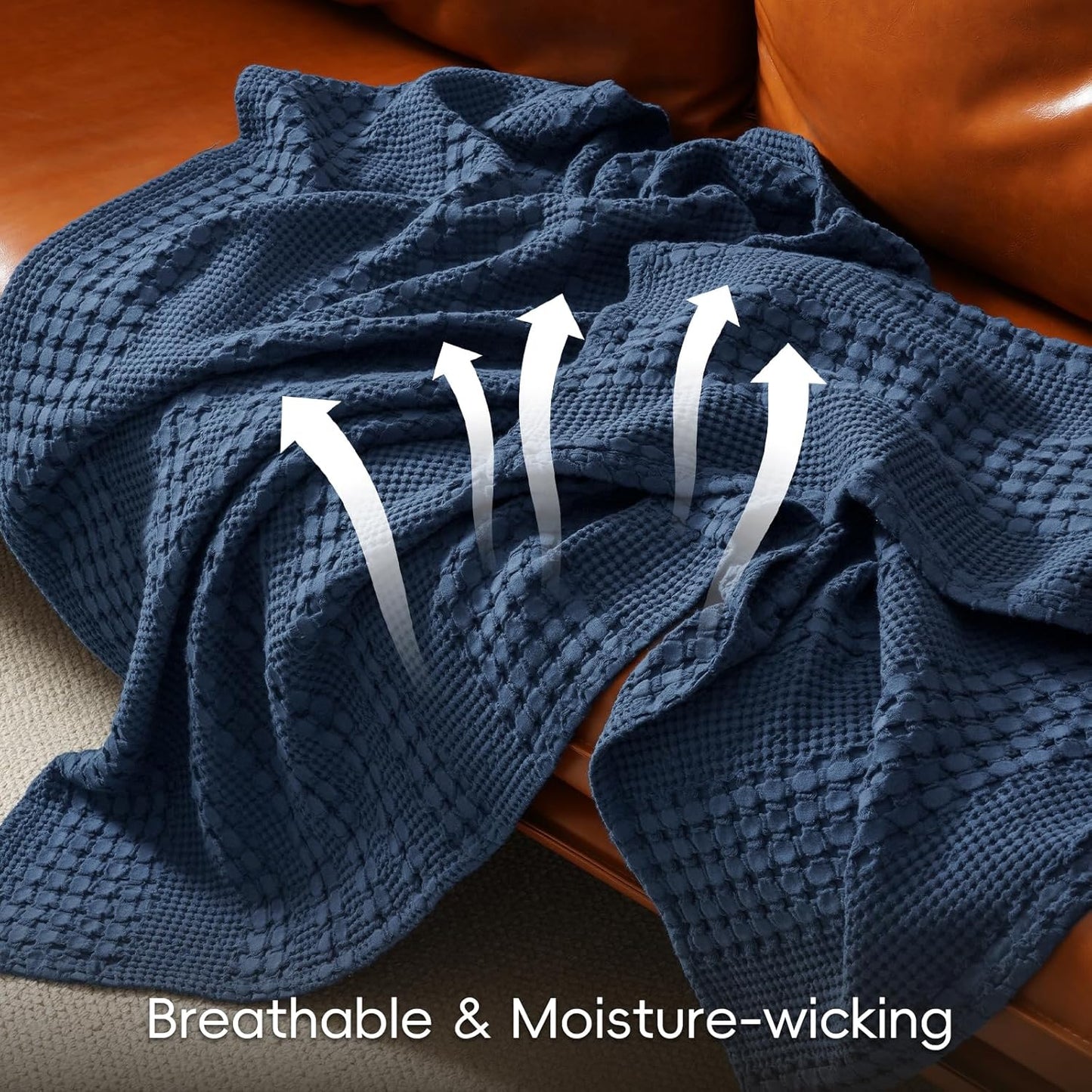 PHF 100% Cotton Waffle Weave Blanket Queen Size for Bed, Soft Lightweight & Breathable, All-Season Comfort, Luxury Aesthetic Woven Bedding for Home Decor, 90"x90", Bright Navy Blue