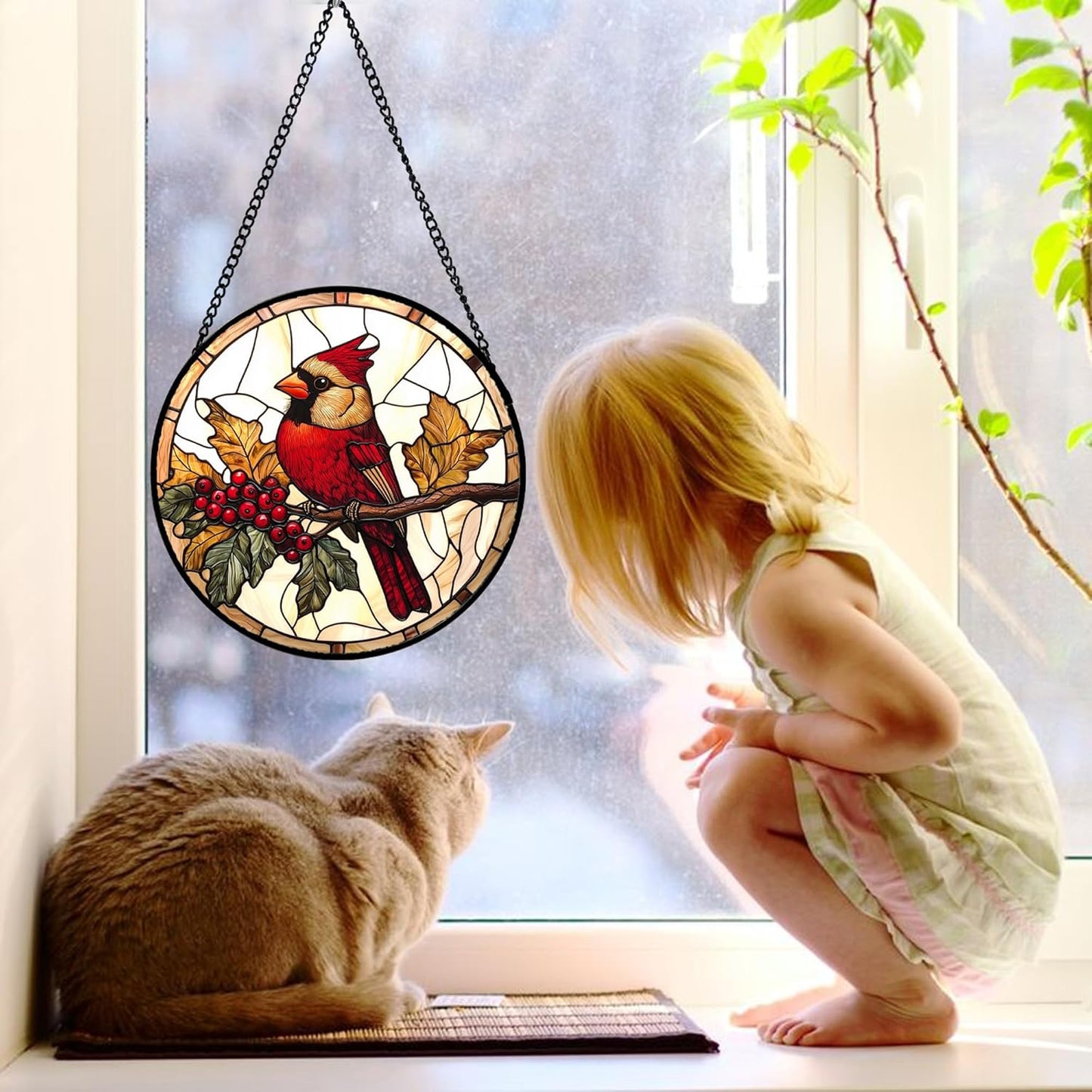 Stained Glass Window Hanging, Birds on a Branch Cardinal Sun Catchers Diamond Glass Panel Hangings Suncatcher Decor for Birthday for Women, Men, Wife, Aunt, and Mom 9.8X9.8IN