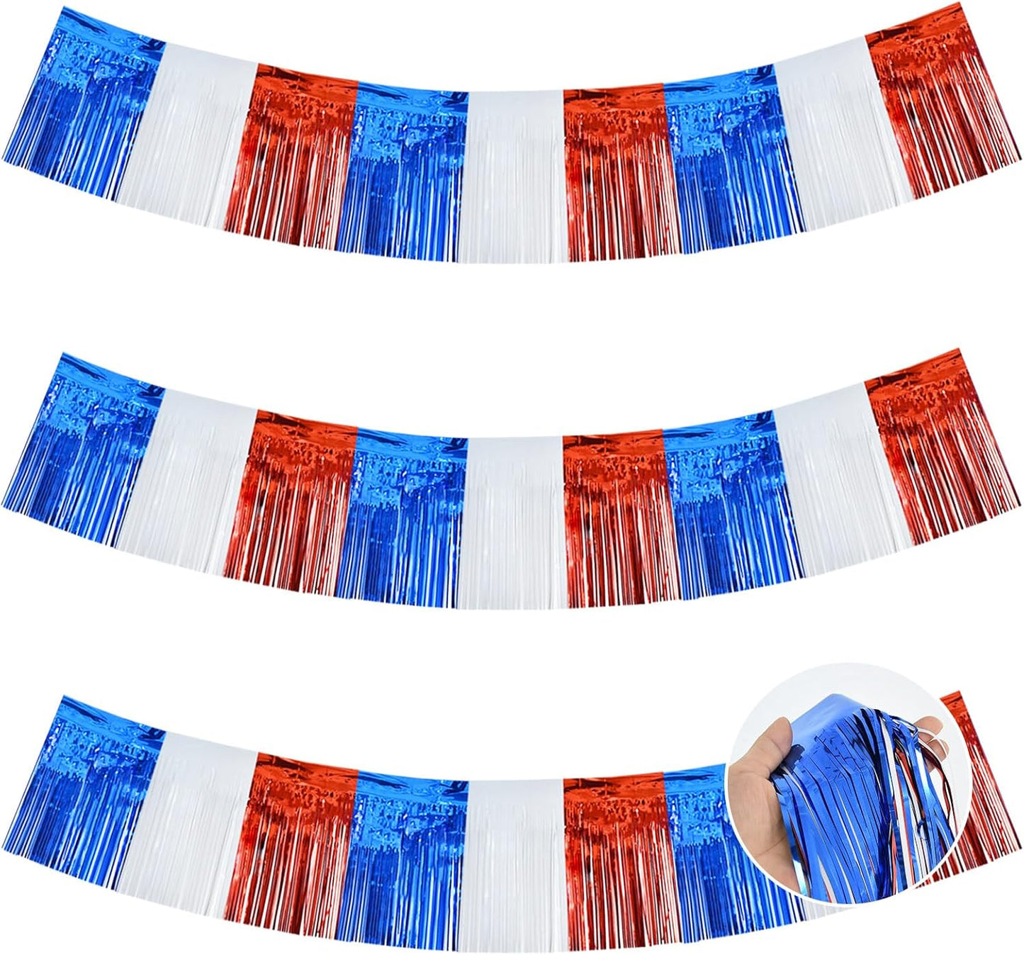 BEISHIDA 3 Packs Metallic Foil Fringe Garland Red White Blue Wall Hanging Tinsel Fringe Banners for Floats Birthday 4th of July Memorial Day Patriotic New Year Party Decoration(30 Feet)