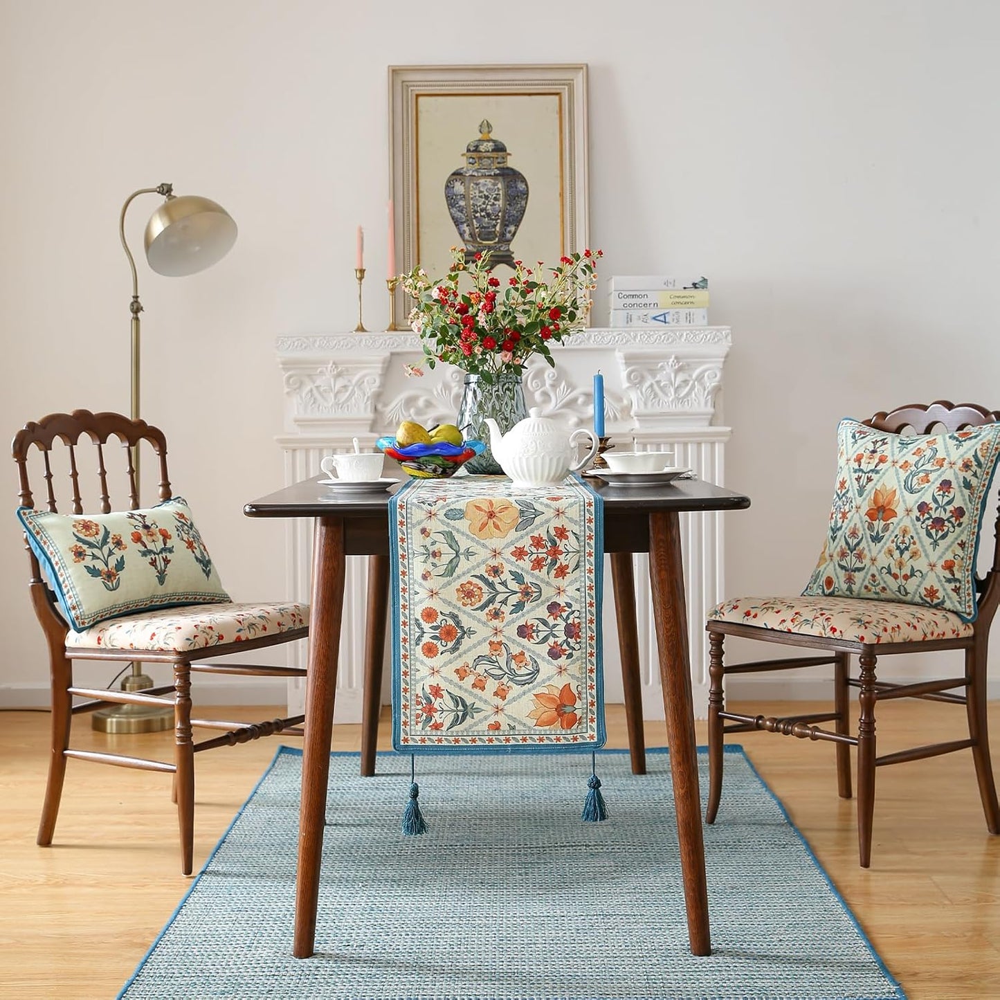 ISAENNE Designer Bohemian Elegant Linen Table Runner 102 Inches Long,Colorful Flower Pattern Table Runners for Dining Tables,Thanksgiving,Kitchen Tables,Christmas,12"*102"-Floralsea A