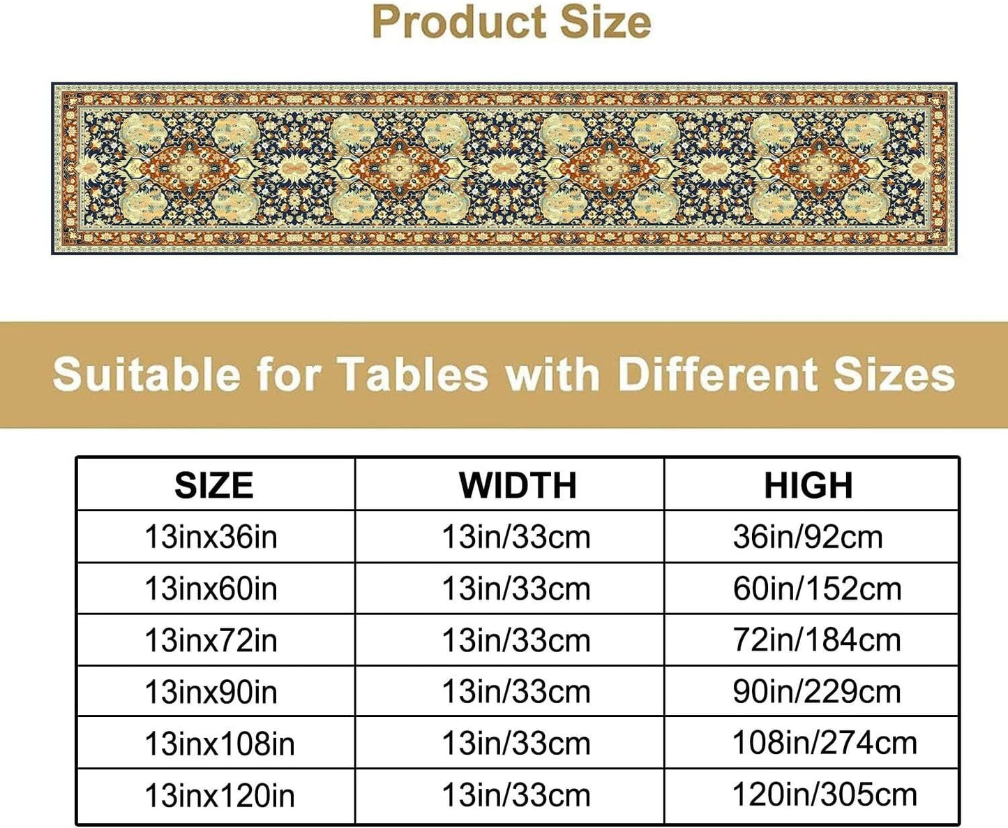 Vintage Boho Floral Table Runner, Elegant Luxurious Rustic Country Farmhouse Navy Blue Gold Retro Flower Pattern for Home Kitchen Table Decor Dining Coffee Room Party Decor 13x120in