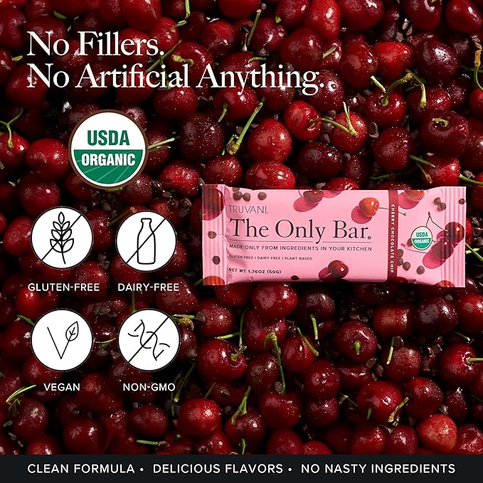 Truvani Plant Based Snack Bars | Cherry Chocolate Chip 12 Pack | 5g Protein | USDA Organic and Vegan | The Only Bar | Dairy, Soy, and Gluten Free | Individually Wrapped