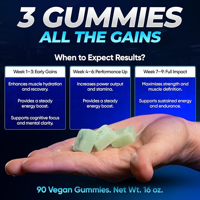Creatine Monohydrate Gummies for Women & Men- 5g Creapure Creatine per Serving - Vegan, Blue Raspberry Flavor - Boost Muscle Strength, Endurance, Recovery & Mental Focus (90 Gummies)