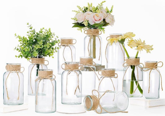 Set of 12 Vintage Glass Vases for Flowers Farmhouse Clear Glass Vases for Centerpieces Small Flower Vases with Twine Ties for Wedding, Parties & Home Decor