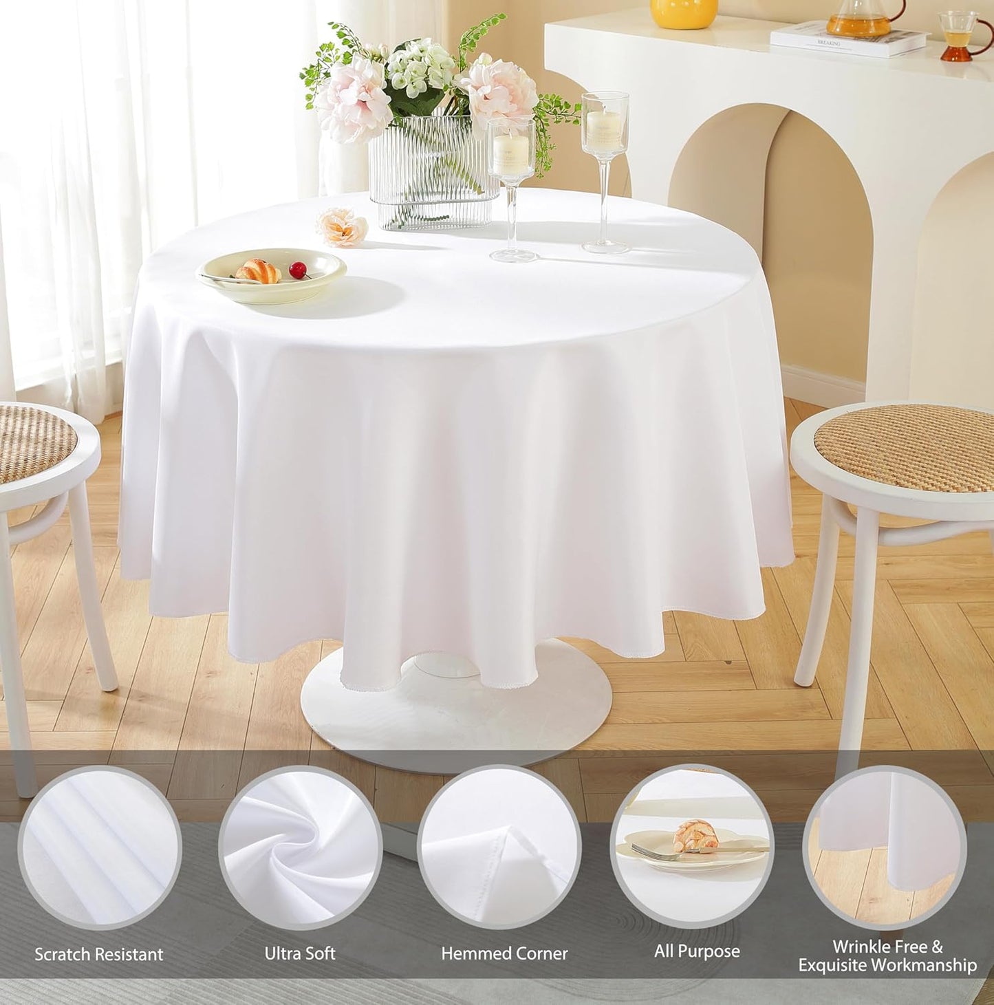 Craft And Party Round Tablecloth, 70 Inch White Tablecloth, Polyester Fabric Washable Table Cloth for Home, Party, Wedding or Restaurant Use.
