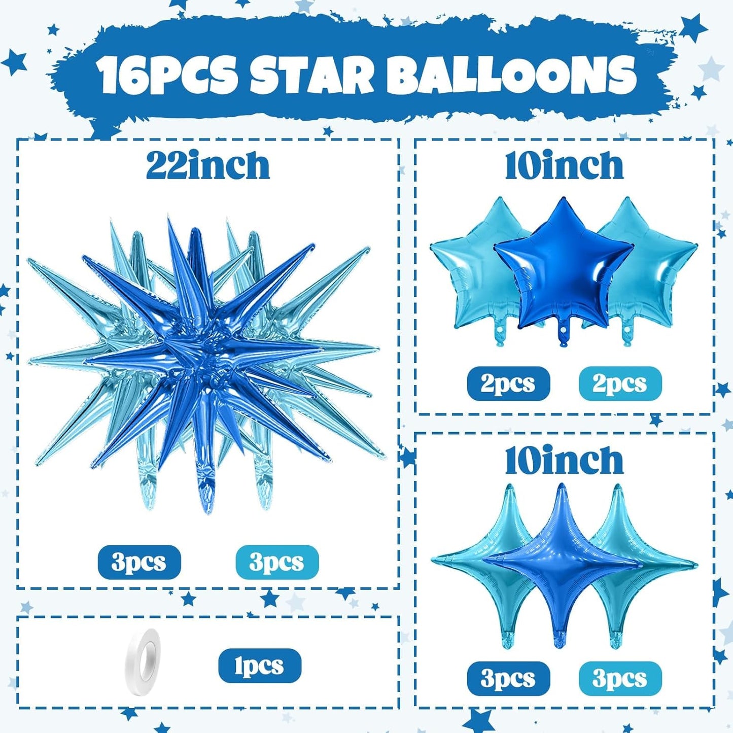 Blue Star Balloon,16Pcs Light Blue Star Foil Balloons Set with 22Inch Explosion Spike Cone Balloons and 10Inch Quadrangle Helium Balloon for Birthday Wedding Baby Shower Party Decorations