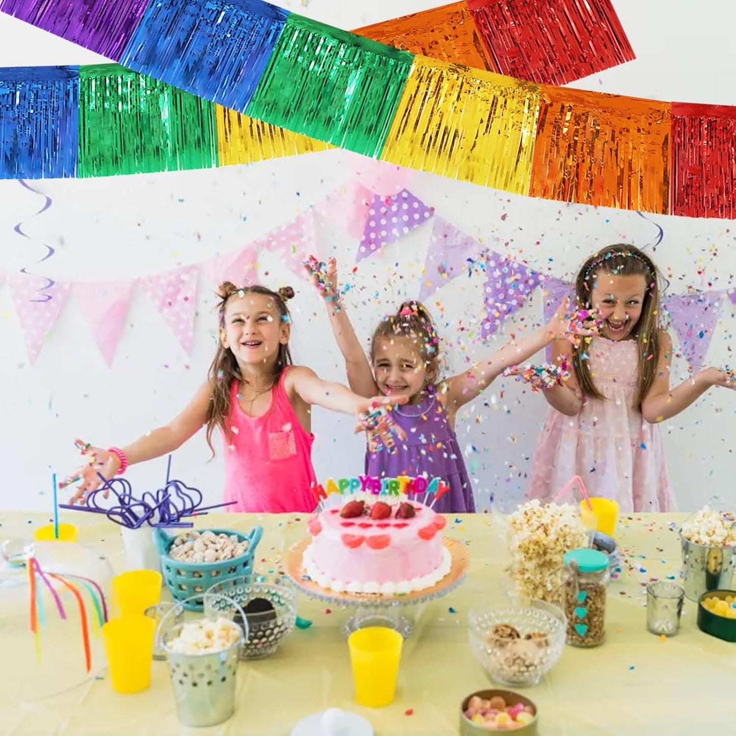 BEISHIDA 3 Packs Metallic Foil Fringe Garland Colorful Wall Hanging Tinsel Fringe Banners for Car Floats Bridal Shower Wedding Birthday Easter Graduation Holiday Party Decoration(30 Feet)