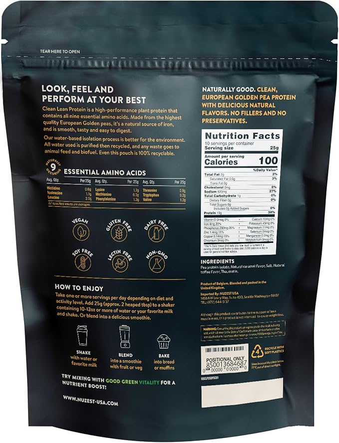 Nuzest - Pea Protein Powder - Clean Lean Protein, Premium Vegan Plant Based Protein Powder, Dairy Free, Gluten Free, GMO Free, Protein Shake (8.8 Ounce (Pack of 1), Salted Caramel)