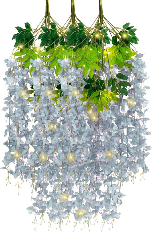 12 Pack Grey Wisteria Hanging Flowers Garland with Lights, 3.44 Feet Artificial Flower Vines, Fake Wisteria, Artificial Vines Hanging Garland for Backdrop Outdoor Patio Garden Decor