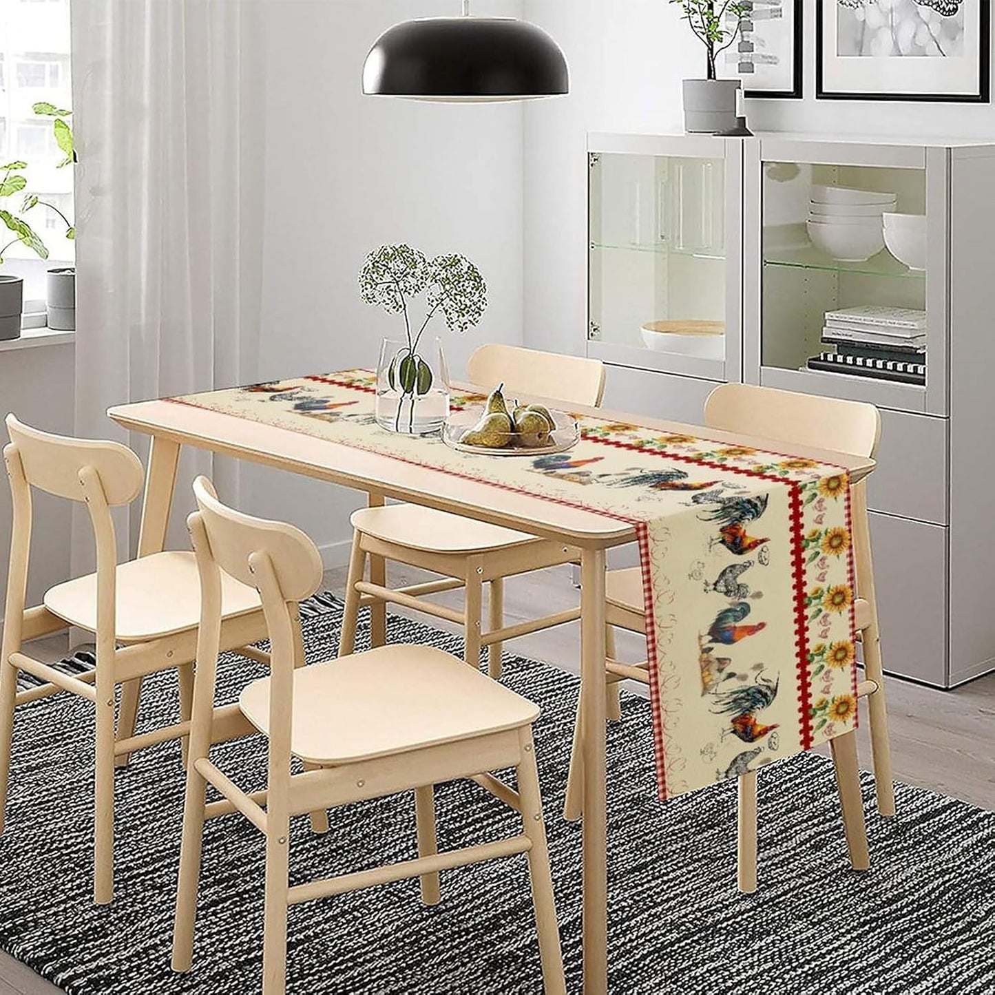 Rustic Rooster Table Runner,Vintage Country Farm Sunflower Chicken Red Plaid Print Tablecloth Burlap for Hotel Indoors Outdoor Dining Room Kitchen Home Decor,W13X L80 in