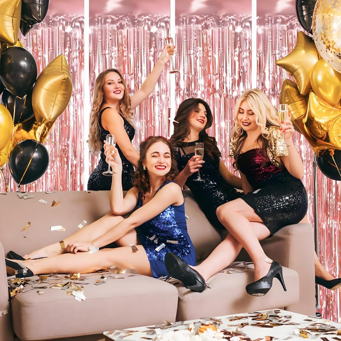 Keyali 4 Pack 3.3 * 8.3 ft Foil Curtain Metallic Tinsel Fringe Curtains Photo Booth Props Backdrop for Birthday Wedding Engagement Baby Shower Christmas Holiday Celebration Partyl,Rose Gold